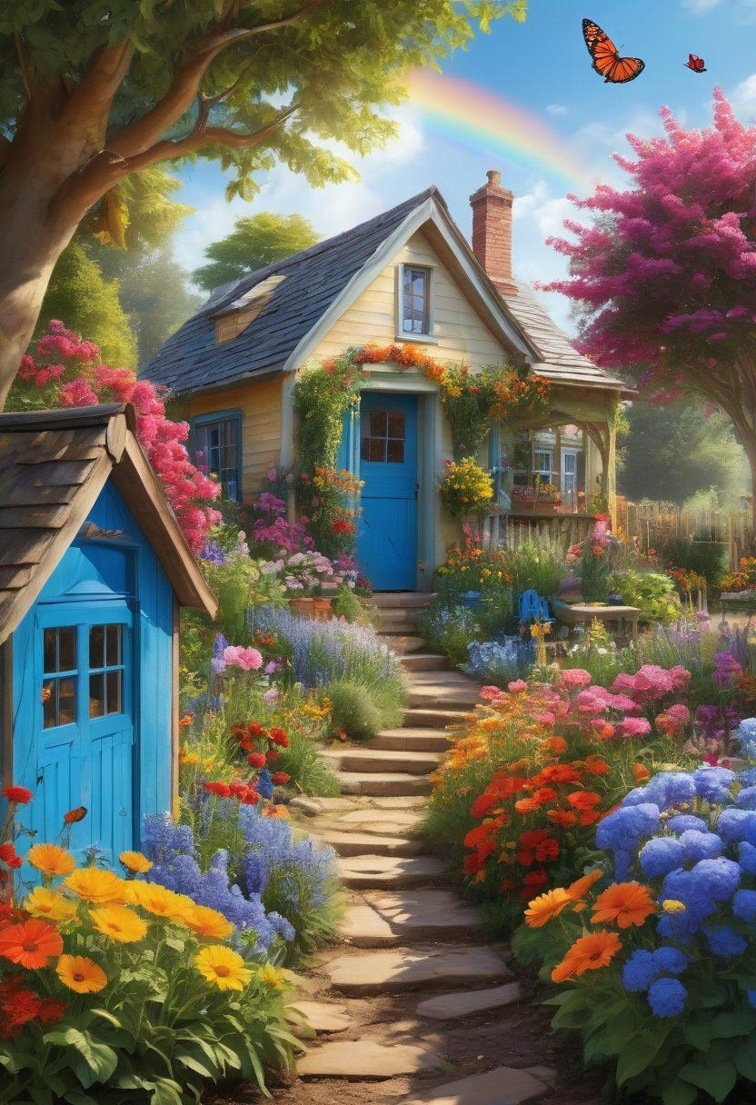 A vibrant garden bursting with colorful flowers in full bloom, with a joyful gardener kneeling and tending to the plants, surrounded by butterflies and bees. The sun is shining brightly, casting a warm glow over the scene, while a rainbow arches in the blue sky. Add elements of a cozy garden shed and tools scattered around, reflecting the beauty of nature and happiness through gardening. super-realistic. vibrant colors. bright blue sky.