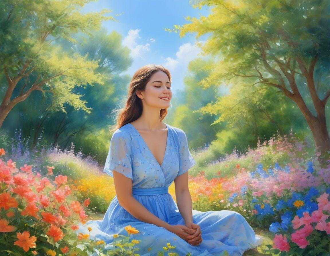 A serene garden scene filled with a variety of blooming flowers in vivid colors, each petal delicately reflecting light to symbolize joy. A tranquil figure, meditative and content, sits amidst the blossoms, surrounded by an aura of warmth and happiness. Gentle sunlight filters through the trees, casting soft shadows on the vibrant petals. The background features a clear blue sky, echoing a sense of freedom and bliss. watercolor painting. soft brush strokes. pastel colors.