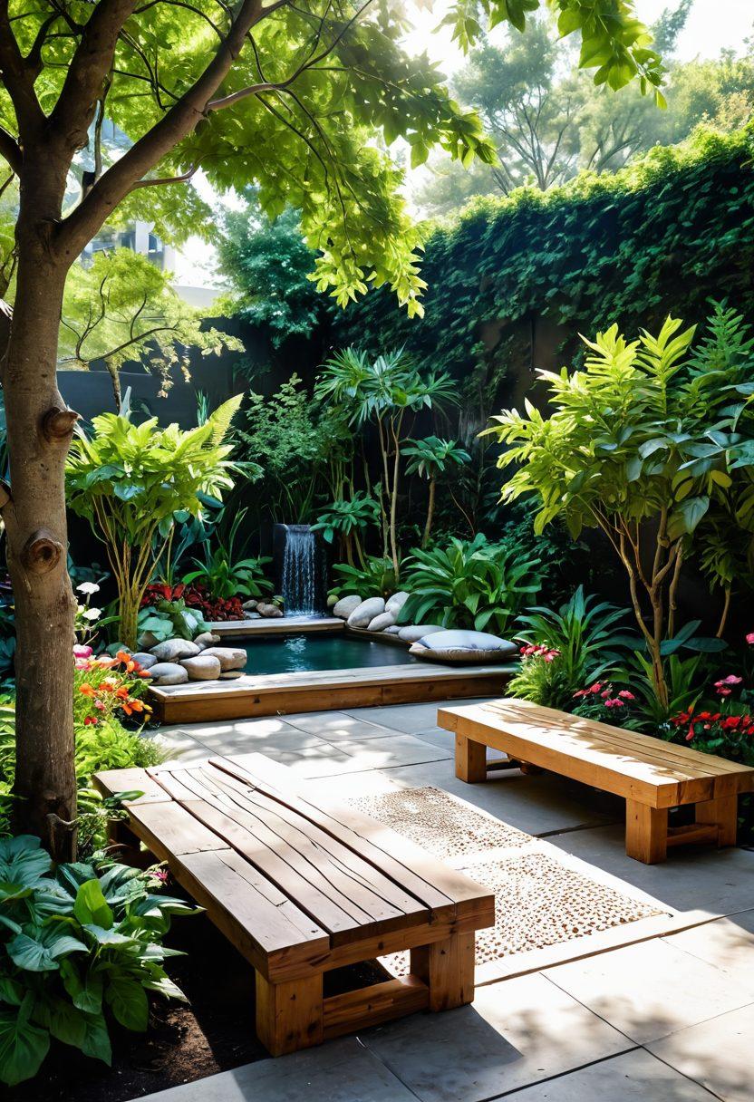 A serene outdoor sanctuary filled with lush greenery, colorful flowers, and cozy seating areas. Incorporate wooden elements like benches and tables, with sunlight filtering through tree branches. Show joyful people enjoying nature, possibly practicing yoga or sharing laughter, while butterflies flutter around. Emphasize harmony with the environment, and include a small water feature like a pond or fountain. vibrant colors. super-realistic. natural light.